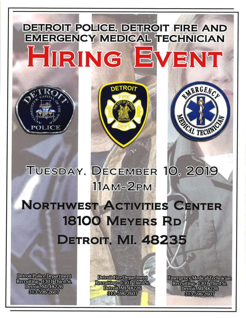 Detroit Police, Detroit Fire, and EMT hiring event at Detroit At Work Career Center Meyers for December 10th