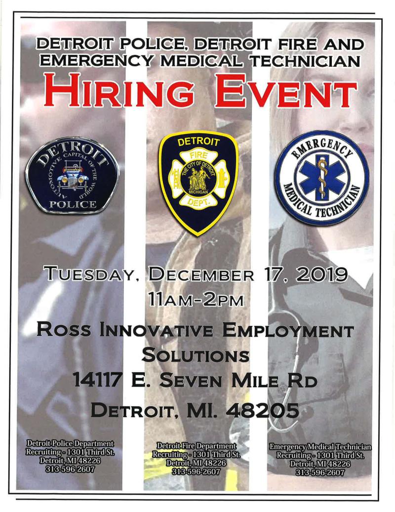 Detroit Police, Detroit Fire, and EMT hiring event at Detroit At Work Career Center East Seven Mile on December 17th