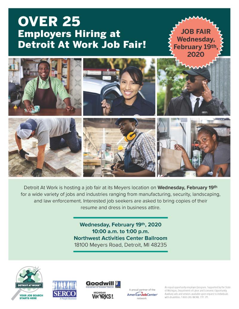 Over 25 Employers at Detroit At Work Job Fair February 19